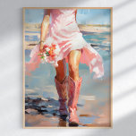 Watercolor Coastal Cowgirl on the Beach Poster<br><div class="desc">Add a touch of whimsy and charm to your decor with the "Watercolor Coastal Cowgirl on the Beach Poster." This delightful paper-based artwork features a beautifully rendered watercolor scene of a woman in a pink skirt and matching pink cowboy boots, strolling along a sunlit beach with a bouquet in hand....</div>