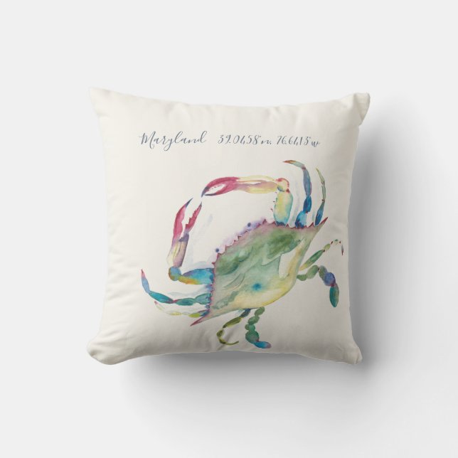 Watercolor Coastal Crab Map Coordinates Boat Cushion (Front)