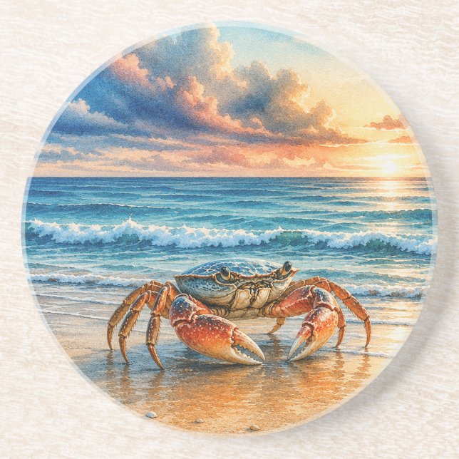 Watercolor Coastal Crab on Sandy Beach Coaster (Front)