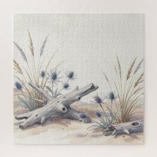 Watercolor Coastal Driftwood Sea Holly Beach Jigsaw Puzzle