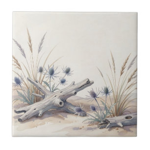 Watercolor Coastal Driftwood Sea Holly Beach Tile