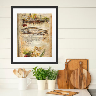 Watercolor Coastal Fishing Charter Seafood Recipes Poster