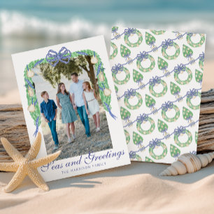 Watercolor Coastal Oyster Garland Swag Photo Holiday Card