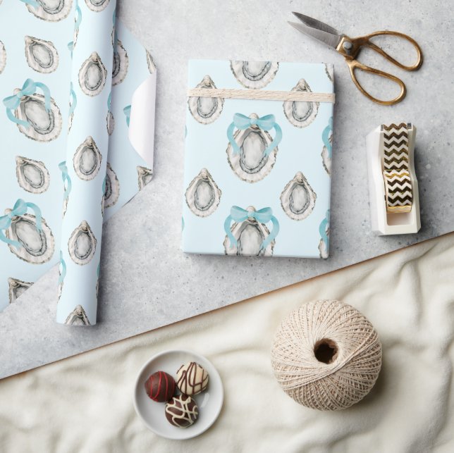 Watercolor Coastal Oysters Blue Bow Wrapping Paper (Crafts)