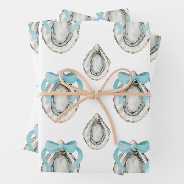 Watercolor Coastal Oysters Blue Bow Wrapping Paper Sheet (In situ)