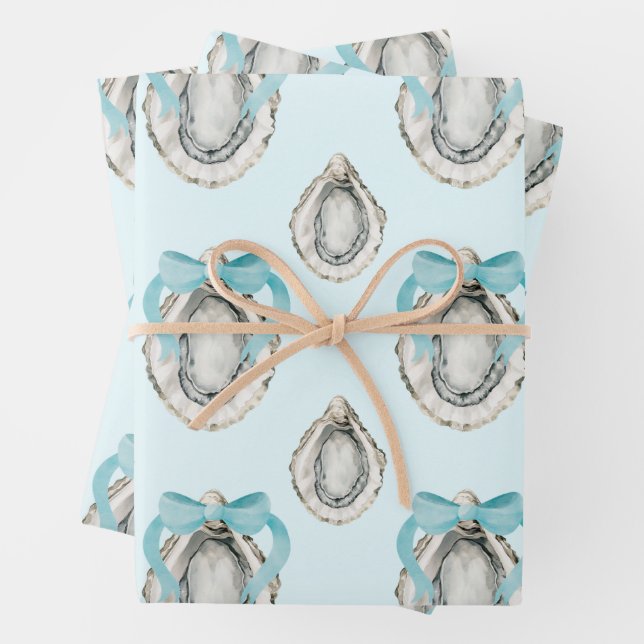 Watercolor Coastal Oysters Blue Bow Wrapping Paper Sheet (In situ)