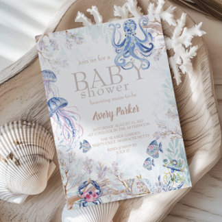 Watercolor Coastal Sea Life Baby Shower Invitation