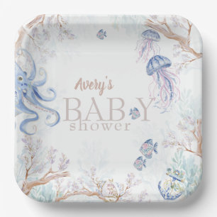 Watercolor Coastal Sea Life Baby Shower Paper Plate