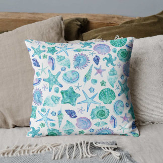 Watercolor Coastal Sea Shells and Starfish Cushion