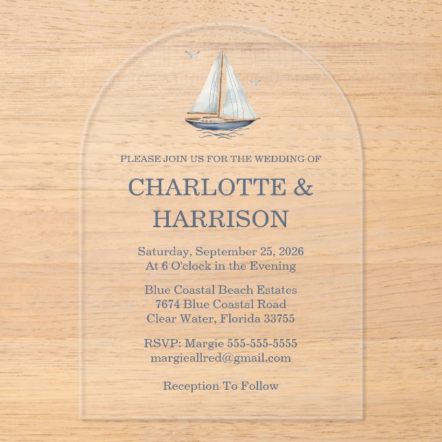 Watercolor Coastal Seascape Wedding Acrylic Invitations (Front)