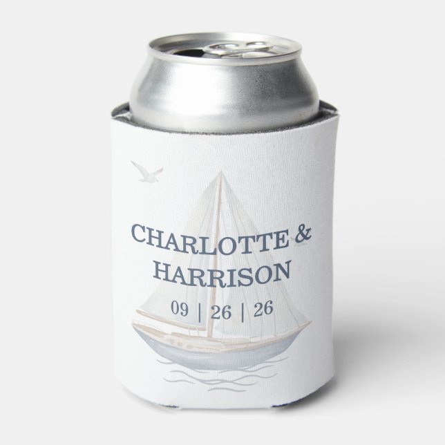 Watercolor Coastal Seascape Wedding Can Cooler (Can Front)