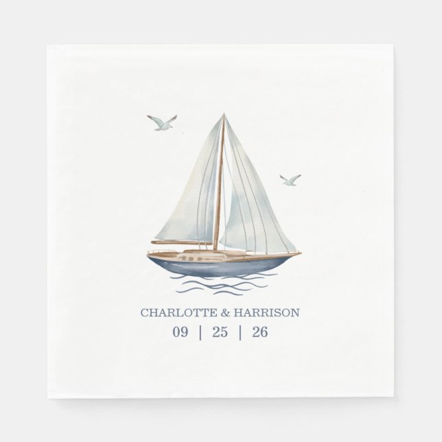 Watercolor Coastal Seascape Wedding Napkin (Front)