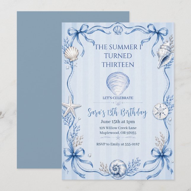 Watercolor Coastal Seashell Birthday Invitation (Front/Back)