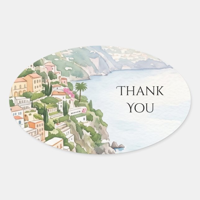Watercolor Coastal Thank You Oval Sticker (Front)
