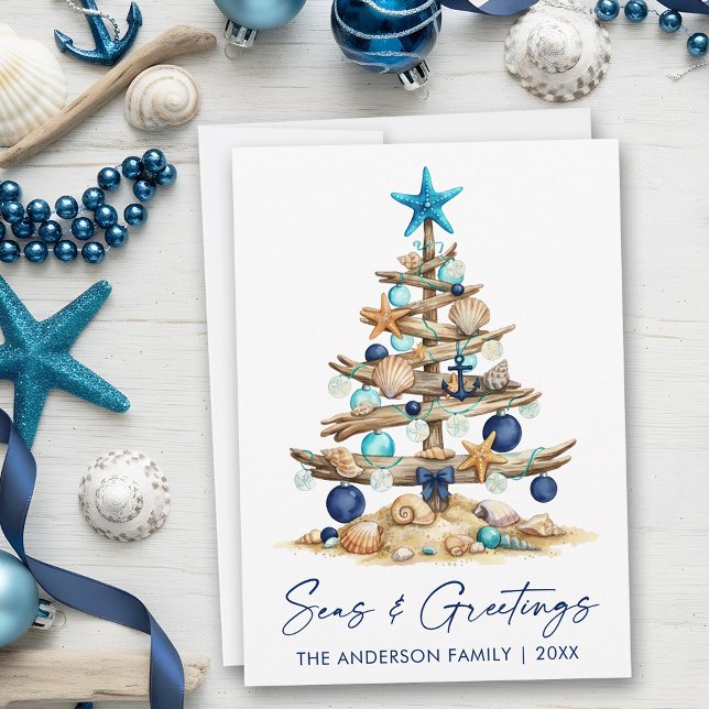 Watercolor Coastal Tree Seas and Greetings Beach Holiday Card (Customize to change your personalized text size or text style.)