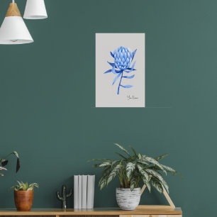 Watercolor Cobalt Blue Tropical Protea Flower Poster