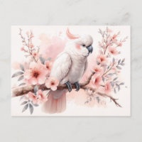 Watercolor Cockatoo and Pink Flowers