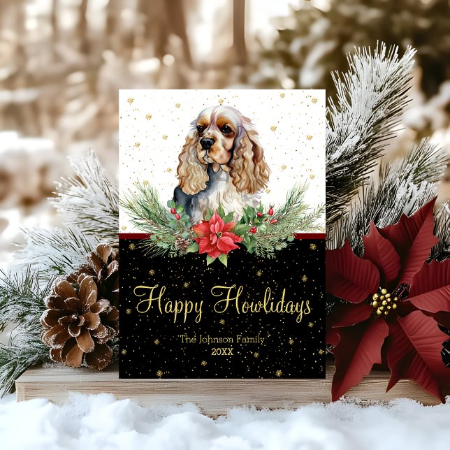 Watercolor Cocker Spaniel Dog Happy Howlidays Holiday Card (Creator Uploaded)