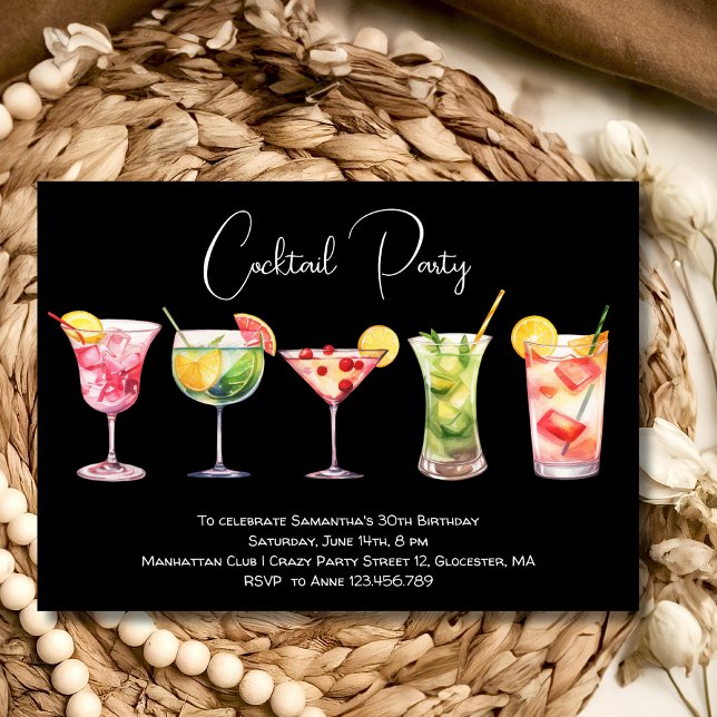 Watercolor Cocktail birthday party black Invitation (Creator Uploaded)
