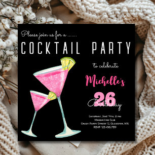 Watercolor Cocktail birthday party black Invitation