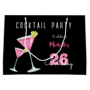 Watercolor Cocktail birthday party black Large Gift Bag