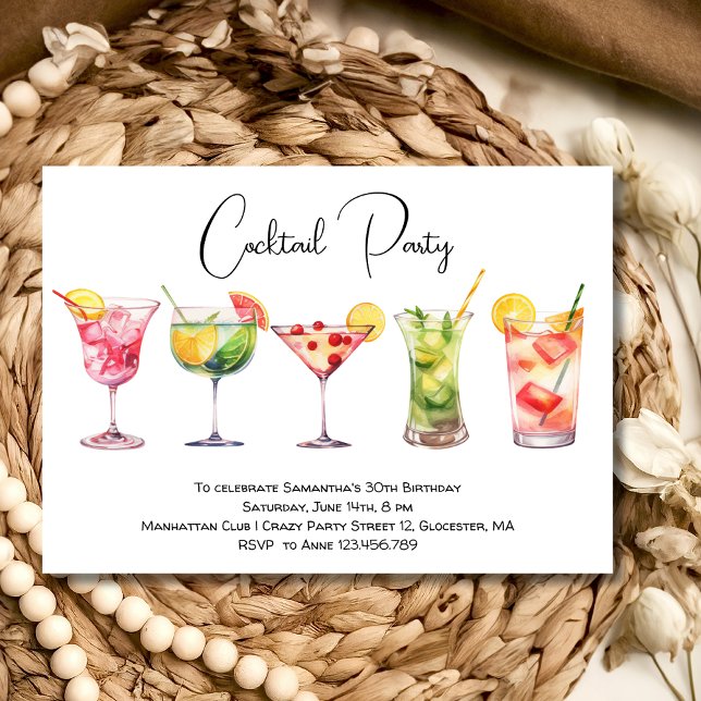Watercolor Cocktail birthday party white Invitation (Creator Uploaded)