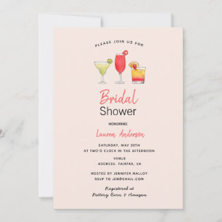 Watercolor cocktail bridal shower pink announcement