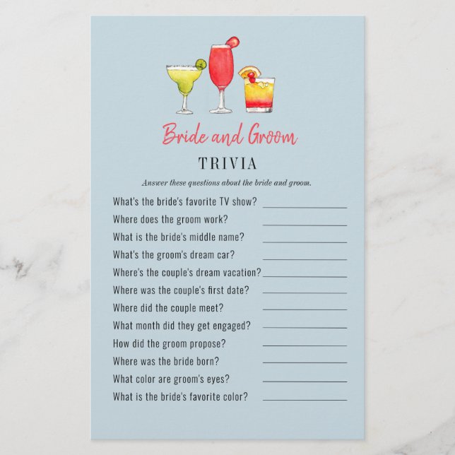 Watercolor Cocktail Couple's Shower Trivia games (Front)