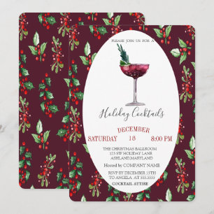  Watercolor Cocktail Holly Berry Christmas  Invitation