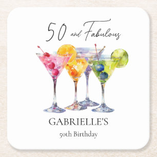 Watercolor Cocktail Martini Happy 50tht Birthday Square Paper Coaster
