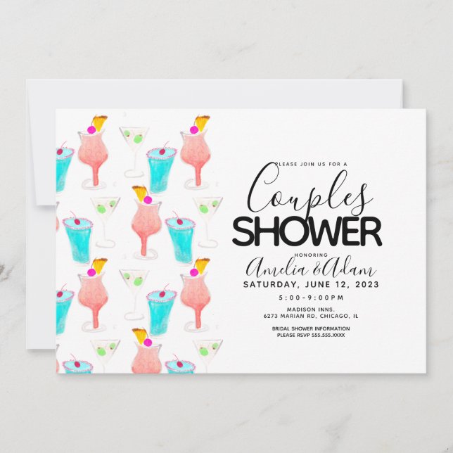 Watercolor Cocktail Painted  Couples Shower Event  Invitation (Front)