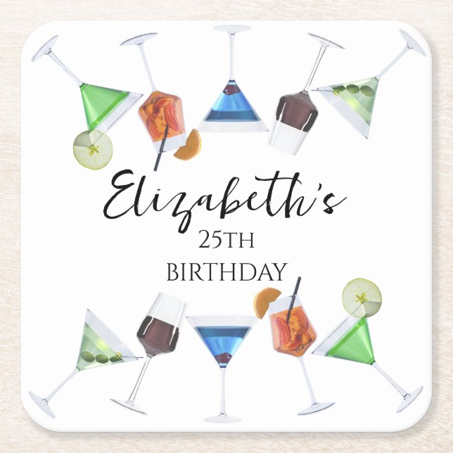 Watercolor cocktail party square paper coaster (Front)