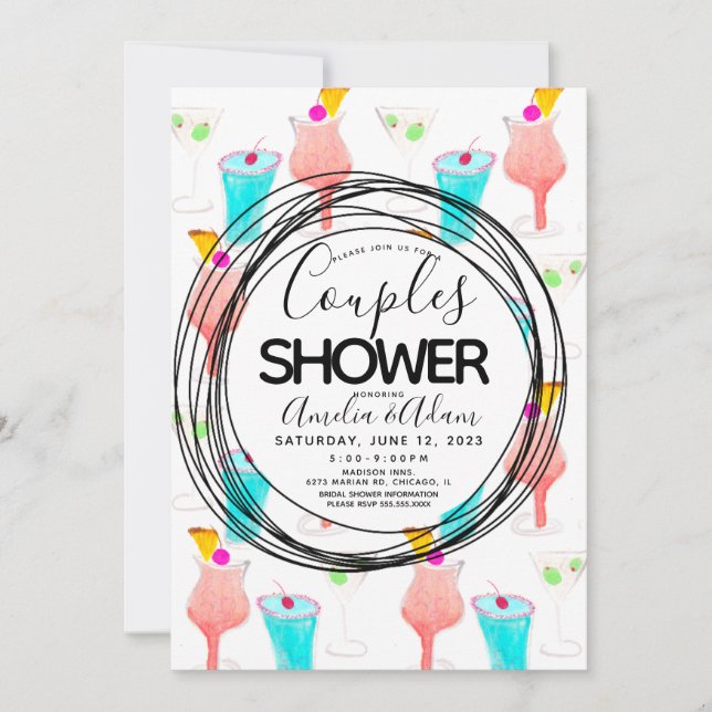 Watercolor Cocktail Pattern Couples Shower Invitation (Front)