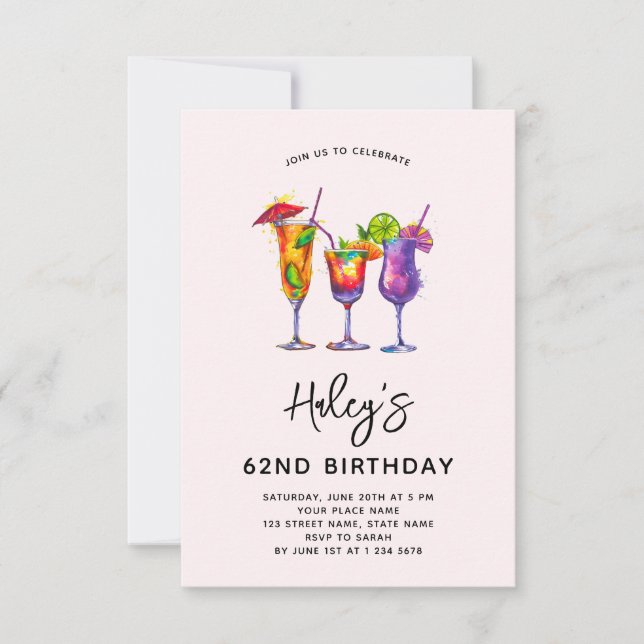 Watercolor Cocktails 62nd Birthday Party Invitation (Front)