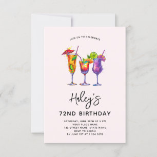 Watercolor Cocktails 72nd Birthday Party Invitation