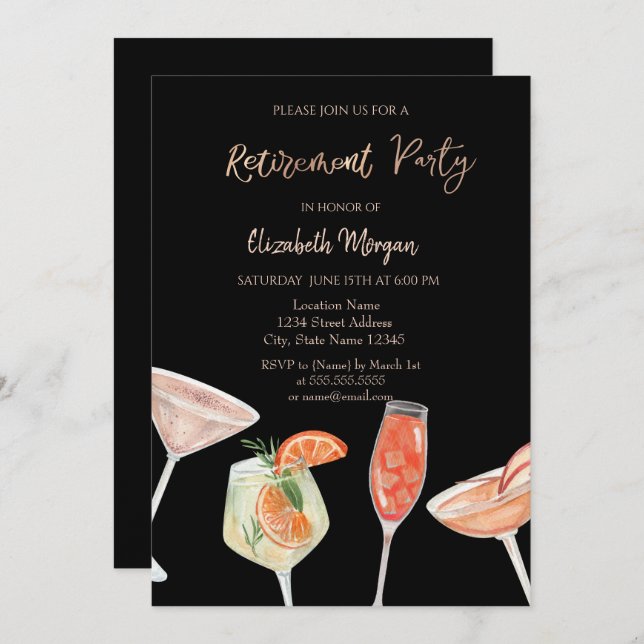 Watercolor Cocktails Black Retirement  Invitation (Front/Back)