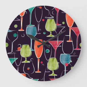Watercolor cocktails, colourful vintage pattern. large clock