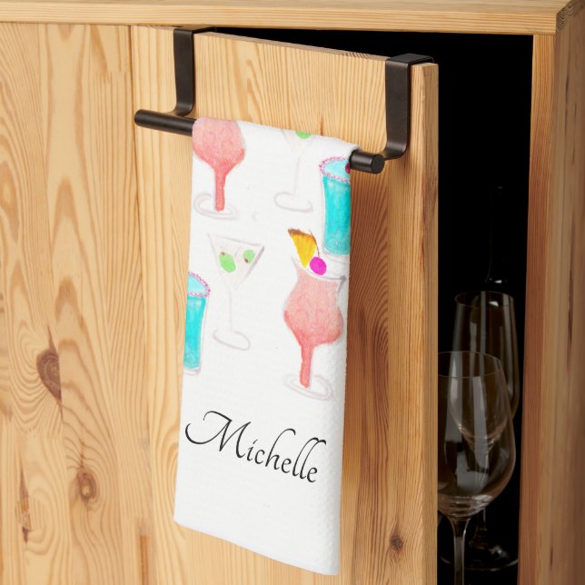 Watercolor Cocktails Drink Pattern Name Tea Towel (Thirds Fold)
