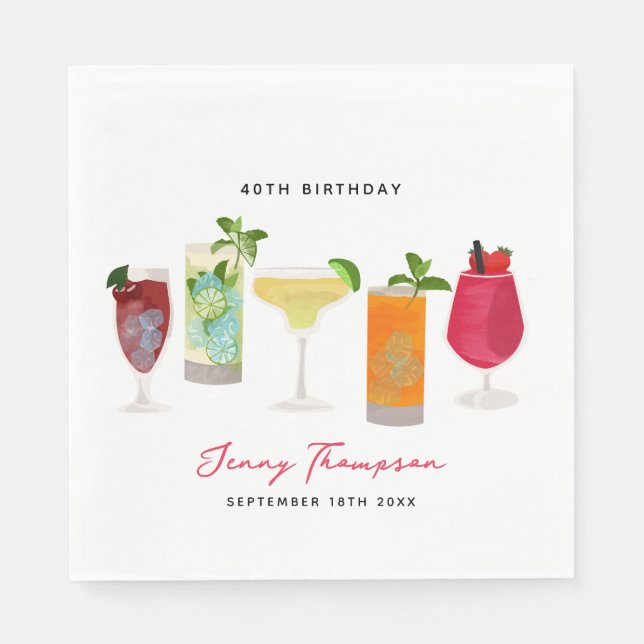 Watercolor Cocktails Party Drinks Birthday Party Napkin (Front)
