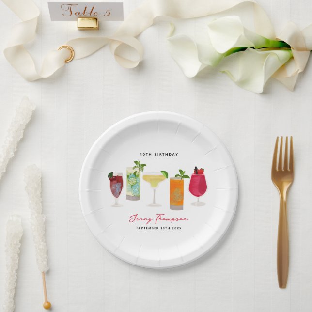 Watercolor Cocktails Party Drinks Birthday Party Paper Plate (Wedding)