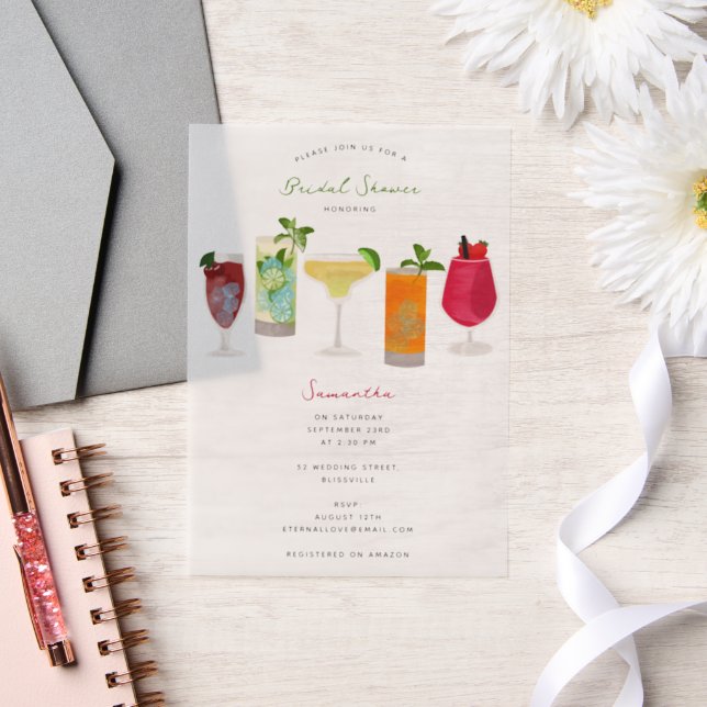 Watercolor Cocktails Party Drinks Bridal Shower Vellum Invitations (Wedding)