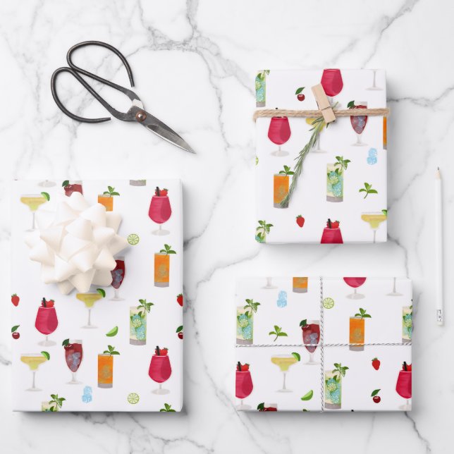 Watercolor Cocktails & Party Drinks Wrapping Paper Sheet (Front)