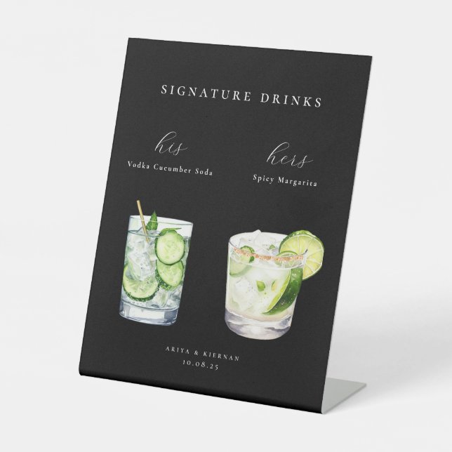 Watercolor Cocktails Wedding Signature Drinks Pedestal Sign (Front)