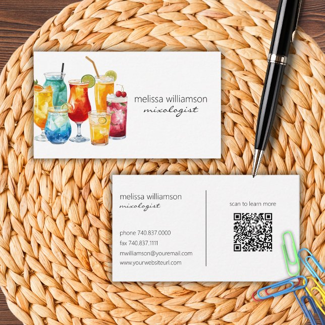 Watercolor Cocktails with QR Code  Business Card (Creator Uploaded)