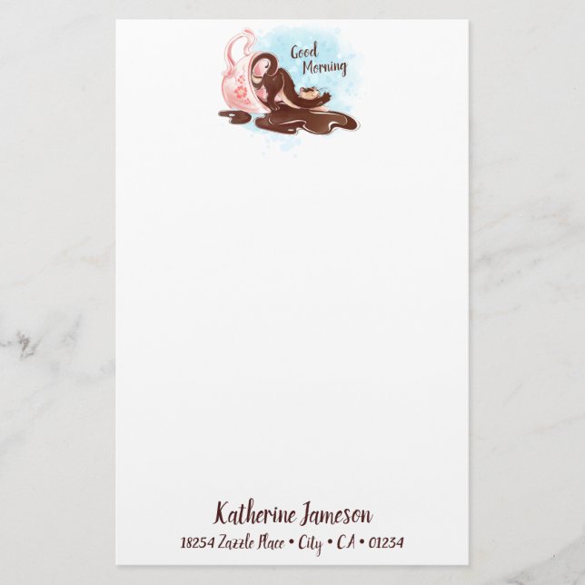 Watercolor Coffee Cat Stationery (Front)