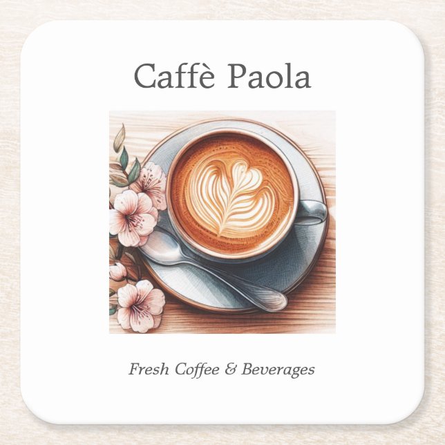 Watercolor coffee cup square paper coaster (Front)