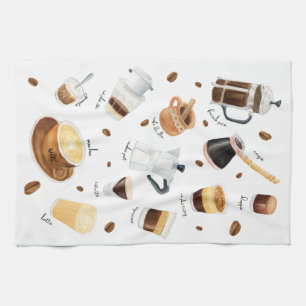 Watercolor Coffee Drinks From Around The World Tea Towel