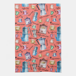 Watercolor coffee espresso cups, mugs pots pattern tea towel