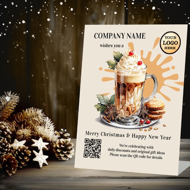 Watercolor Coffee Latte Christmas Holidays Logo Pedestal Sign (Christmas business tabletop sign template featuring a festive watercolor painting of a coffee)