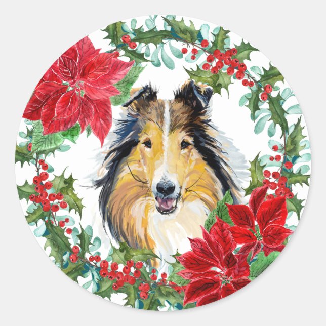 Watercolor Collie Dog Poinsettia Holiday Wreath Classic Round Sticker (Front)